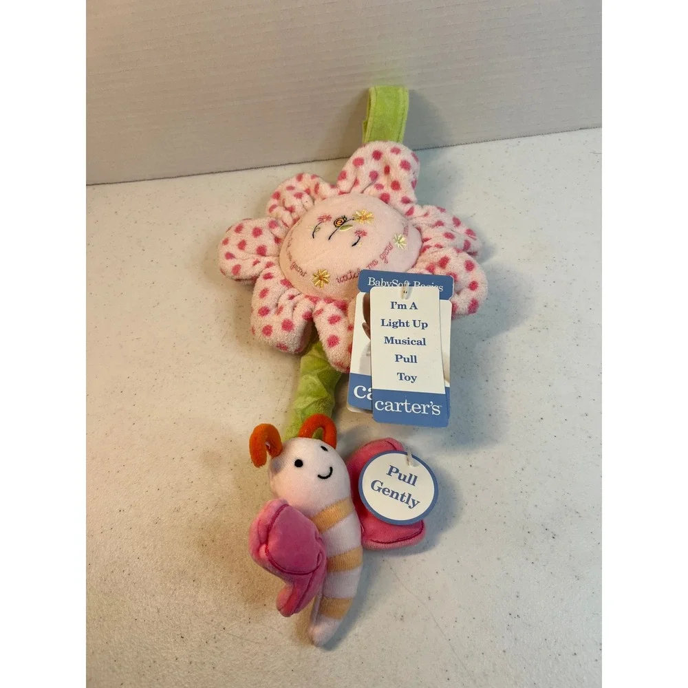 Carters BabySoft Basics Pink Flower Butterfly Musical Pull Toy Plush 2003 Read